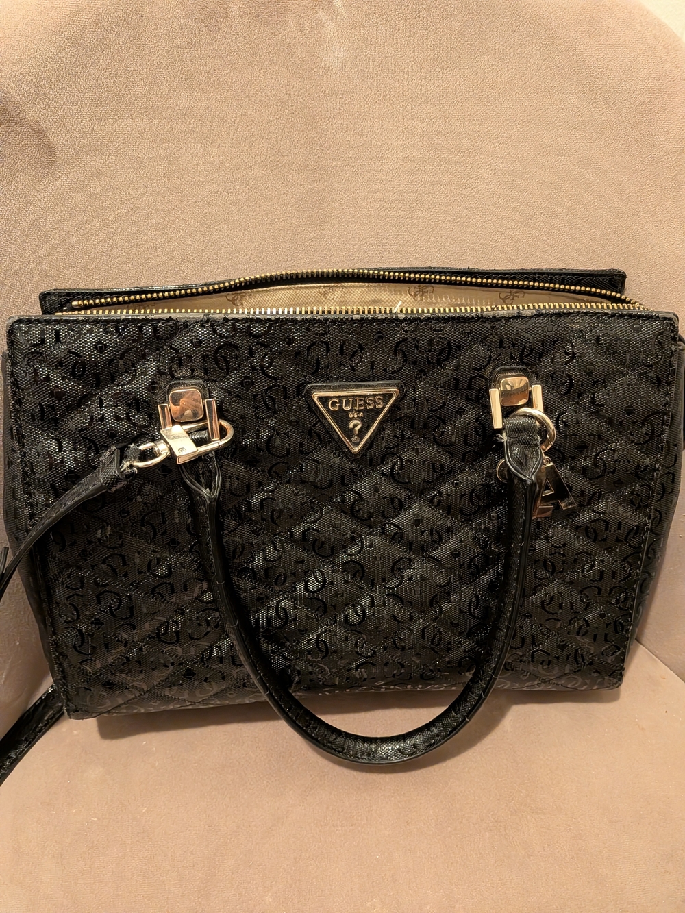 GUESS Black Quilted Logo Satchel with Gold Accents